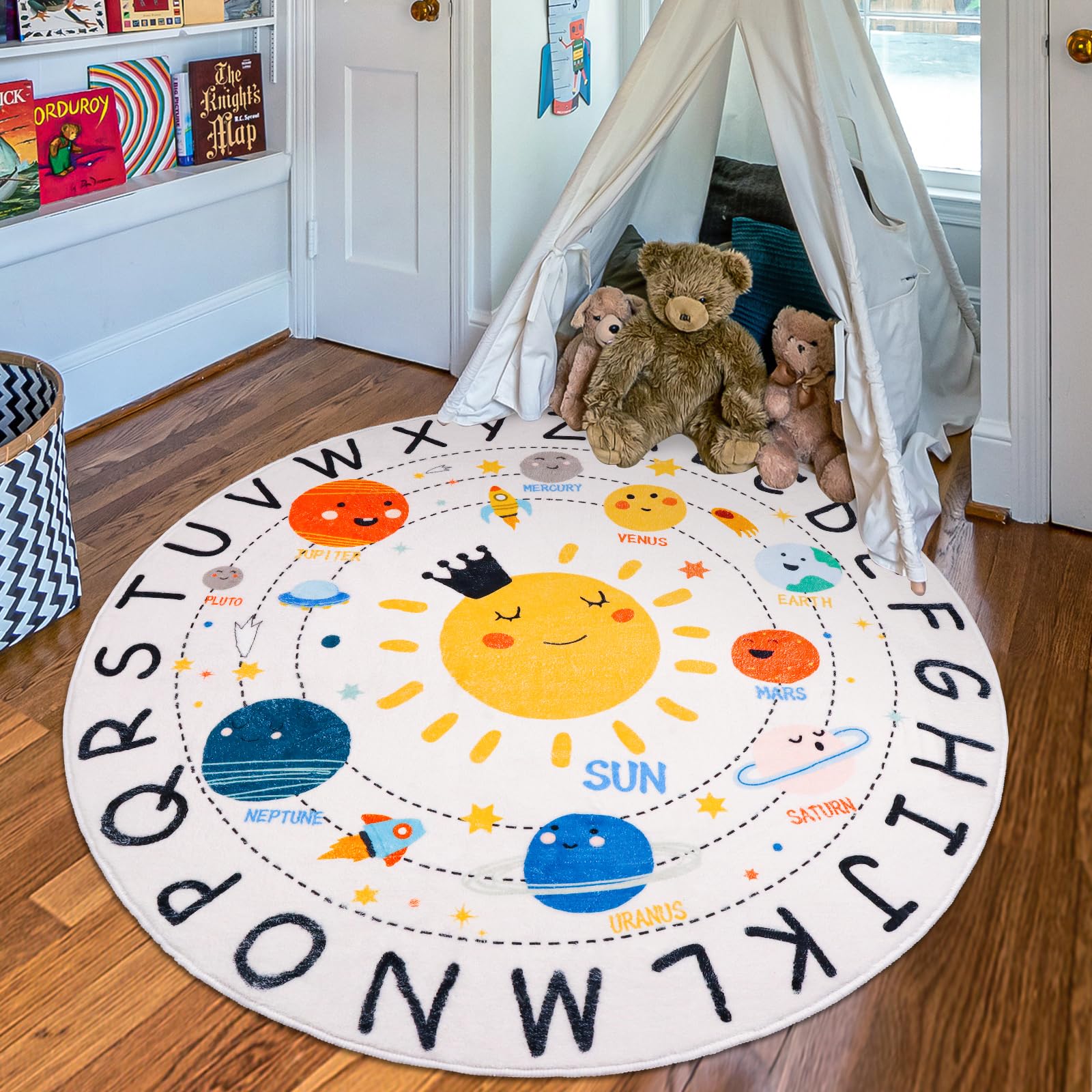 LTKOUGFAM ABC Kids Rug,4 ft Washable Nursery Rug,Soft Plush Educational Circle Rug,Non-Slip Solar System Alphabet Rug for Classr