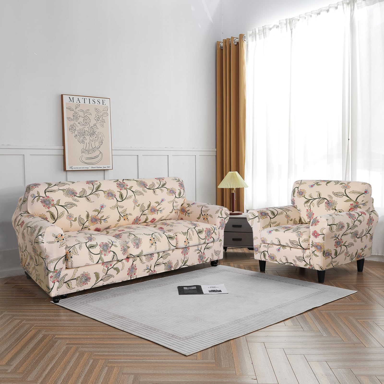 SearchI Stretch Sofa Cover Floral Pattern Polyester Spandex Yellow Large