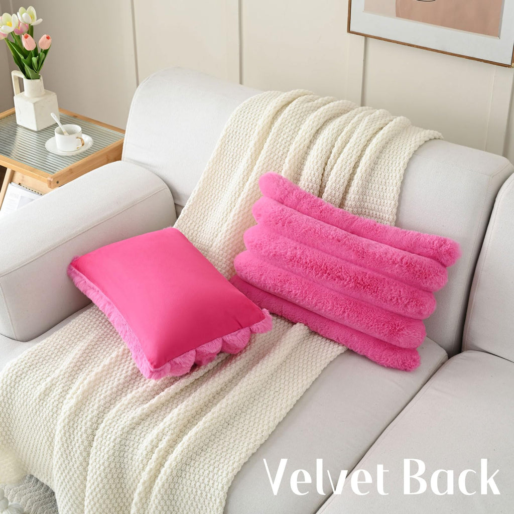Futei Hot Pink Decorative Throw Pillow Covers 12X20 Inch Set Of 2, Square Soft Faux Rabbit Fur Big Striped Cushion Cover,Home De