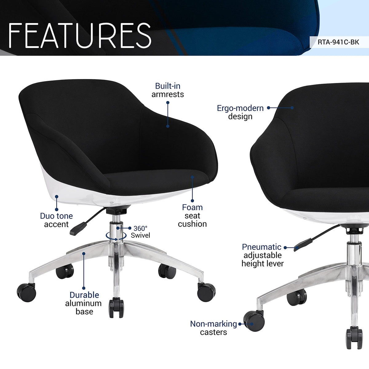 Techni Mobili Upholstered Task Chair with Lumbar Support, Height Adjustable Office Chair with Tilt Control and 360 Degree Swivel