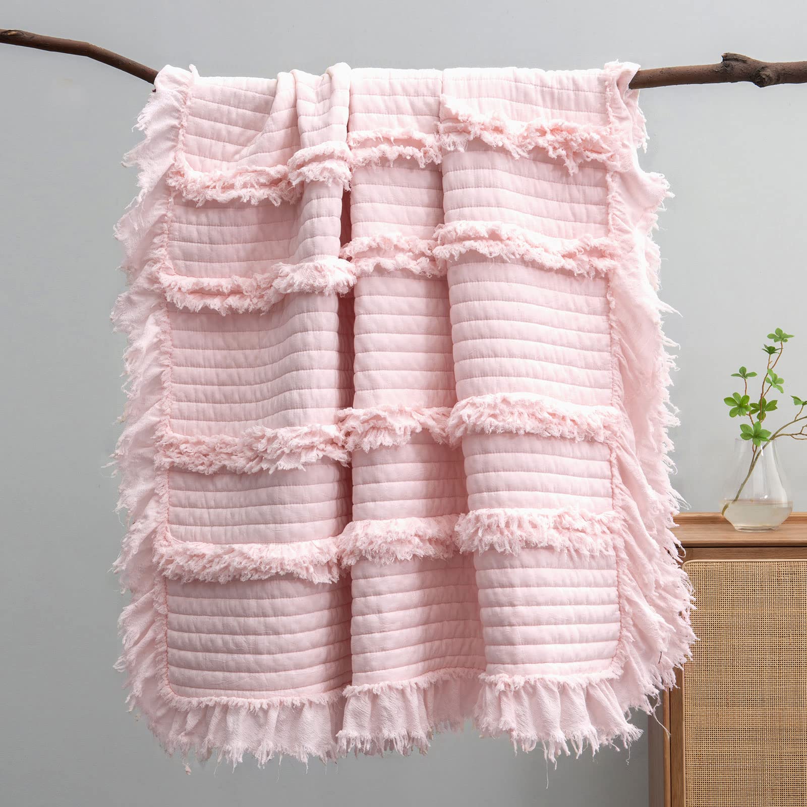 Ultra Soft Pre-Washed Quilted Throw Blanket, Ruffle Fringed Pink Boho Decorative Throw, Stone Washed Chic Rustic Blanket For Sof