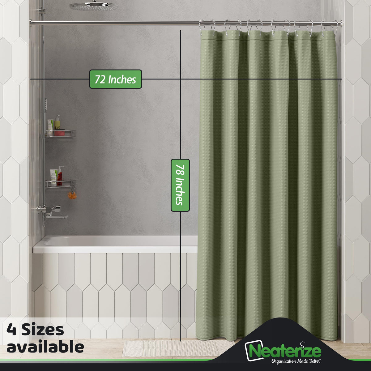 Neaterize Shower Curtain Sage Green - Hotel Style Sage Green Shower Curtains For Bathroom With Waffle Design, 72X78 Inches - Fab