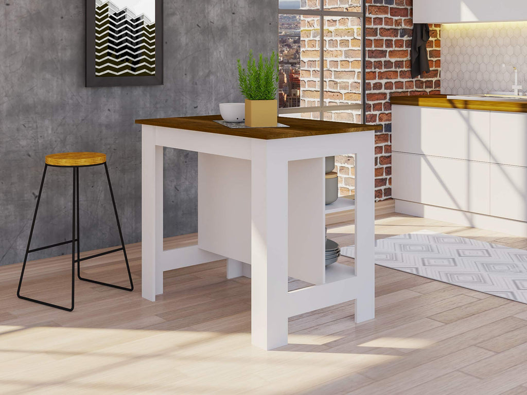 Kitchen Island, Kitchen Table 35" H, 4 Legs, 3 Open Storage Shelves, White/Walnut