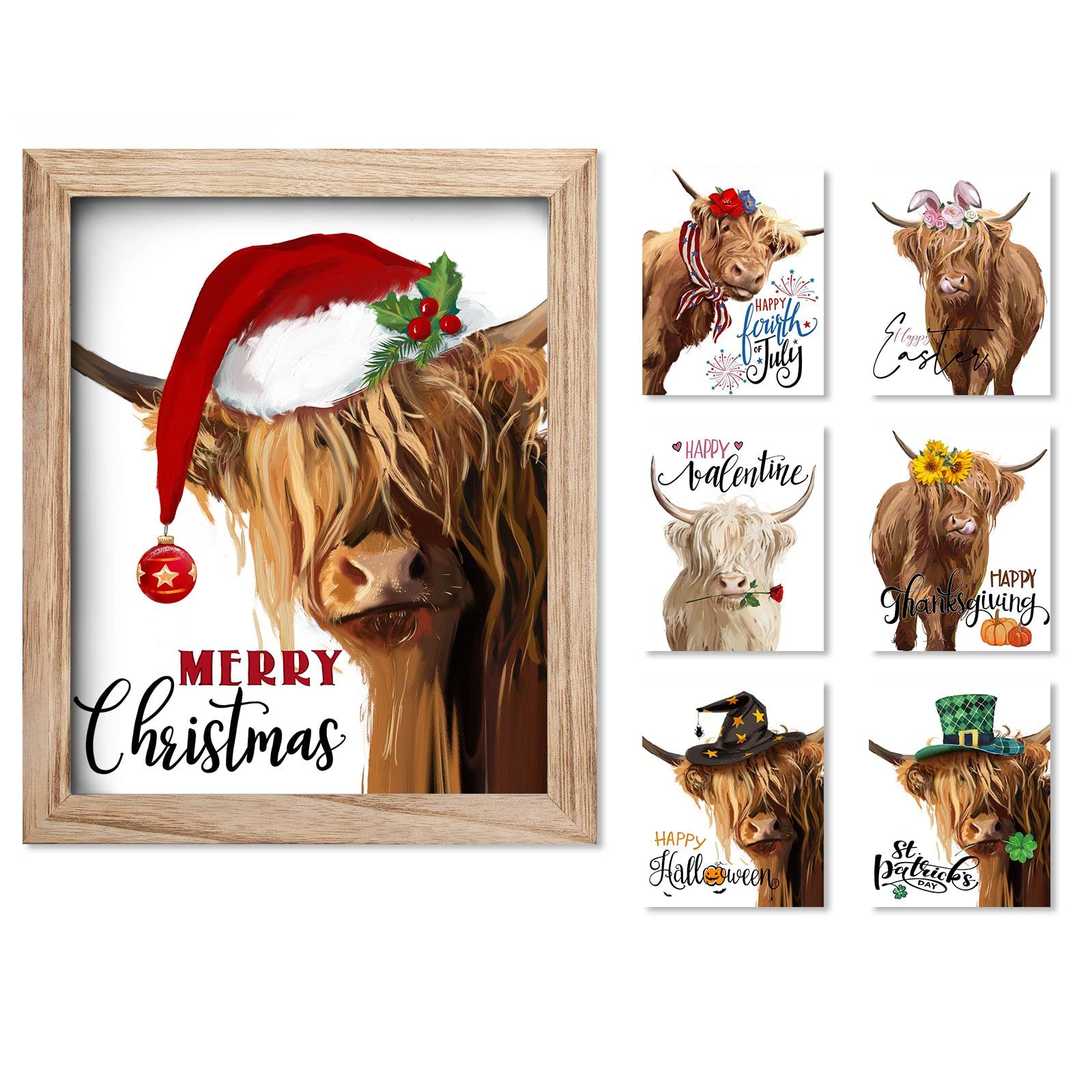 YPY Highland Cow Farmhouse Wall Decor Signs Xmas Cow Canvas Art with 7 Interchangeable Holiday Sayings, Rustic Wood Picture Fram