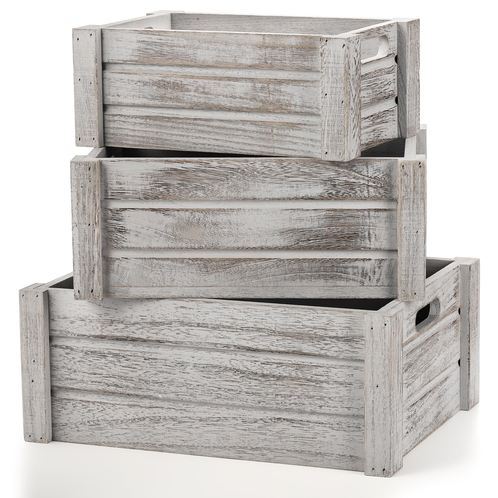 Hacaroa 3 Pack Wood Crates with Handles, Rustic Nesting Storage Container Box Decorative Wooden Basket Bins for Fruit, Vegetable