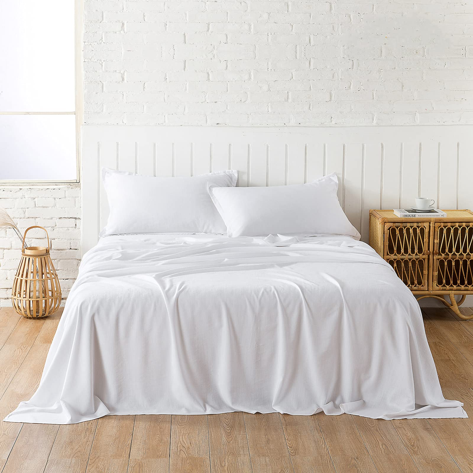 Pandatex White Linen-Textured Bed Sheets Set, Bamboo Rayon, Cotton, Linen Blend Bed Sheets Queen Size, Soft Cool & Breathable Fo