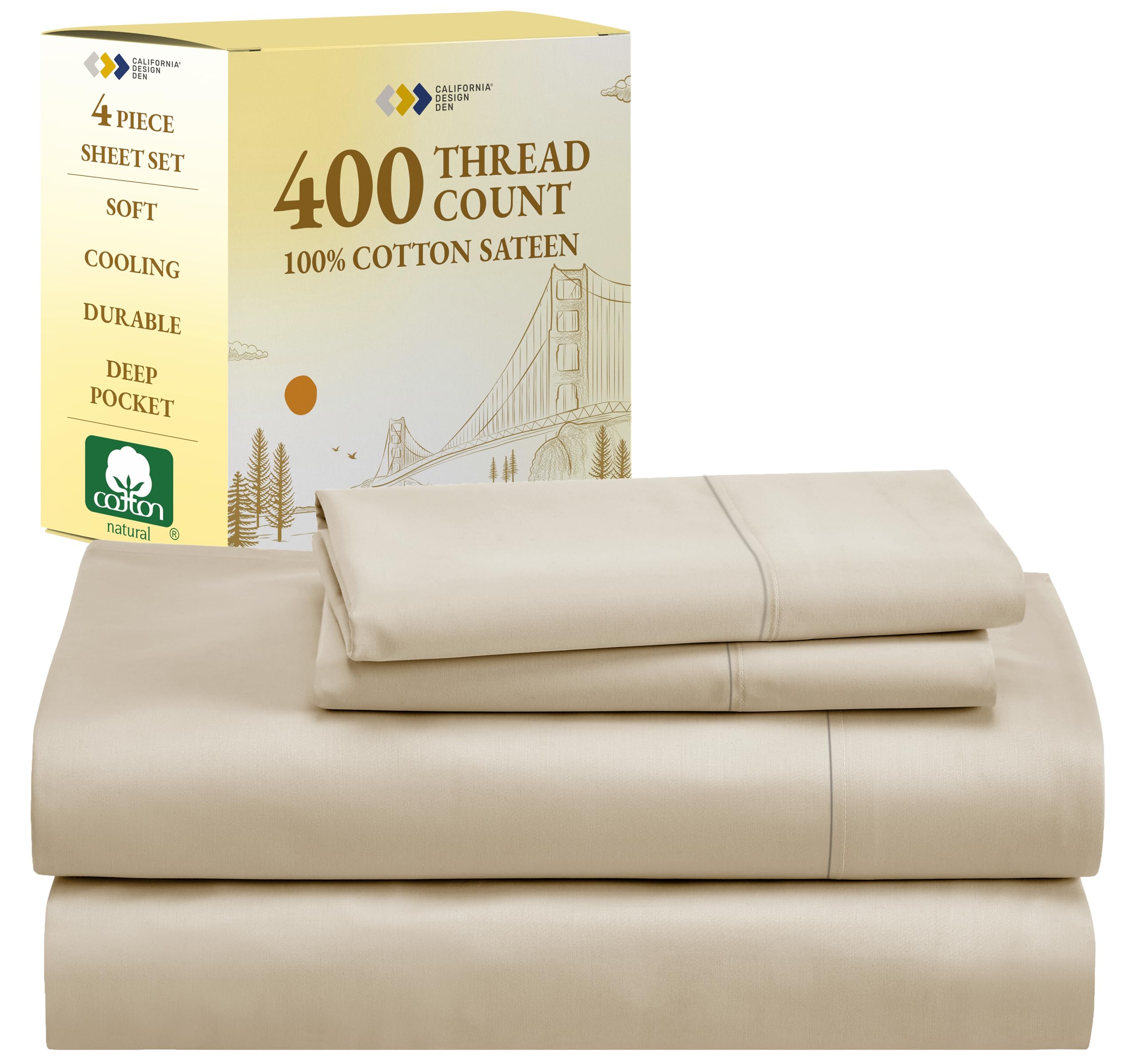 California Design Den Cal King Sheet Set, 400 Thread Count 100% Cotton Sateen Sheets, Soft & Breathable, Cooling Deep Pocket Bed
