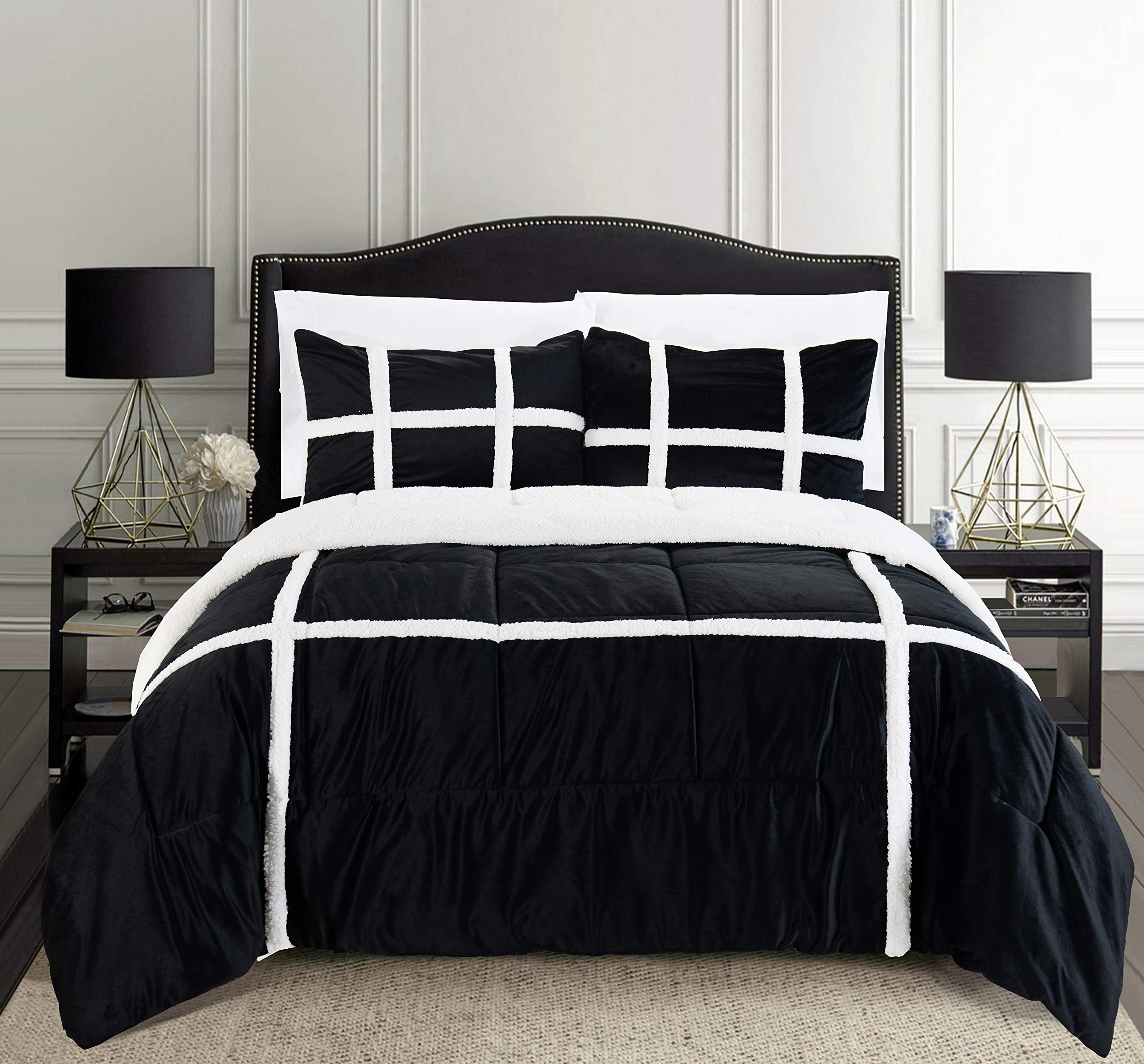 Elegant Comfort Micromink Stripe Lined Sherpa Comforter Set, Premium Down Alternative Micro-Suede 3-Piece Reversible Comforter S