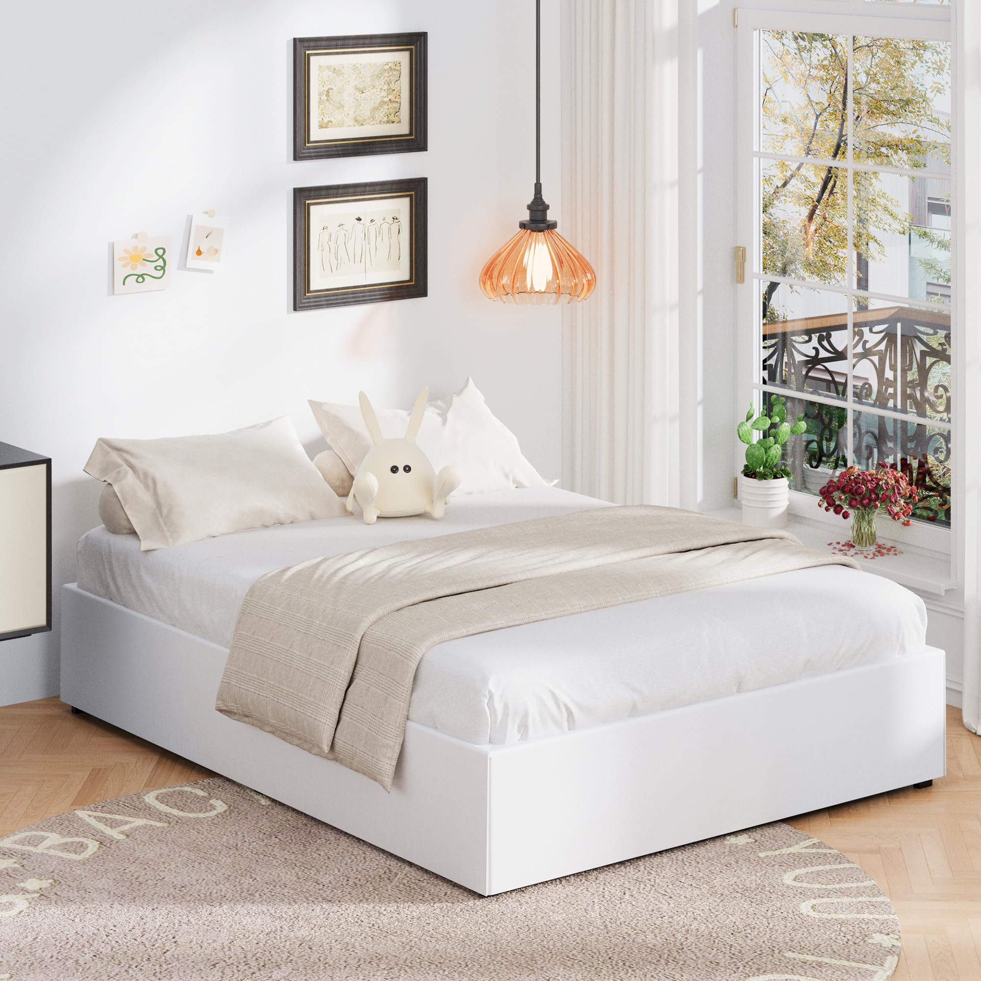 Upcanso 16 Inch Queen Bed Frame With White Skirt Cover, Metal Bed Frame Queen Size With Storage, No Box Spring Needed, Heavy Duty, Easy Assembly, Noise Free, Mattress Foundation