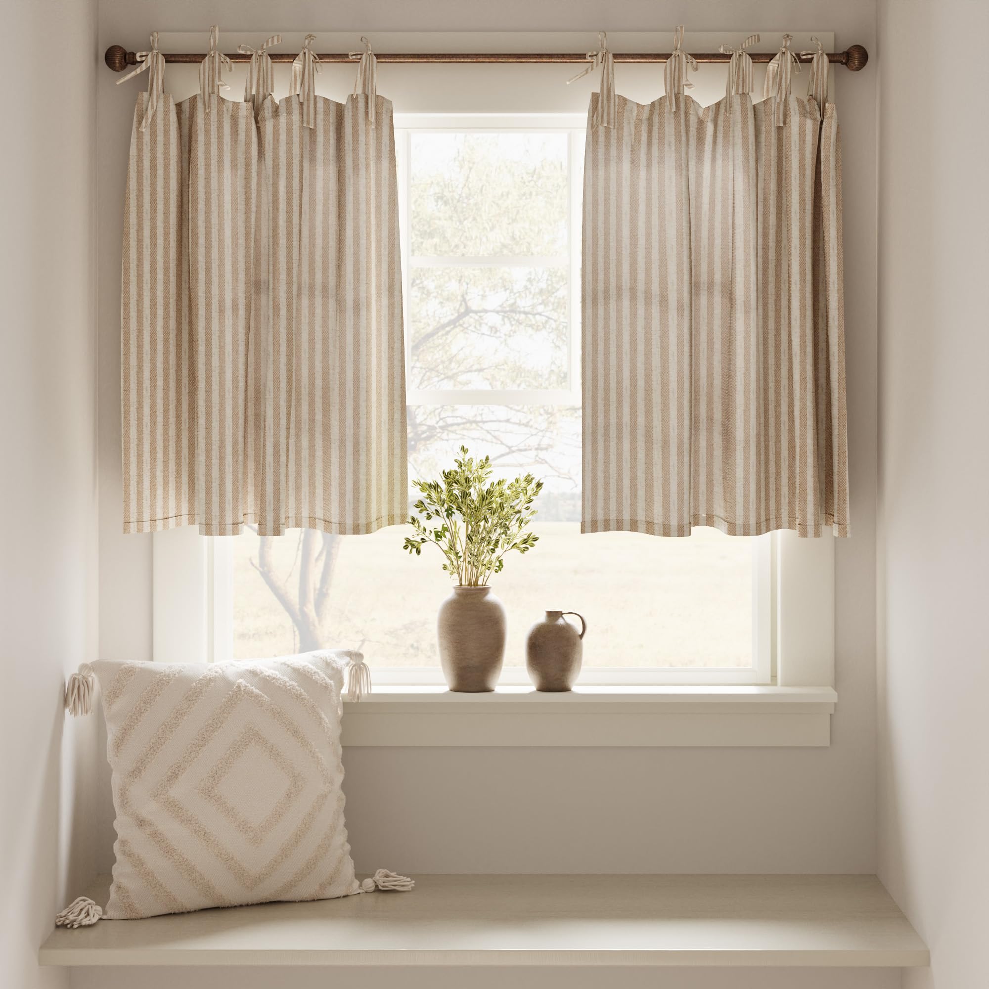 Jinchan Kitchen Curtains Striped Tie Top Linen Tier Curtains 24 Inch Length Short Curtains For Bedroom Living Room Bathroom Farm