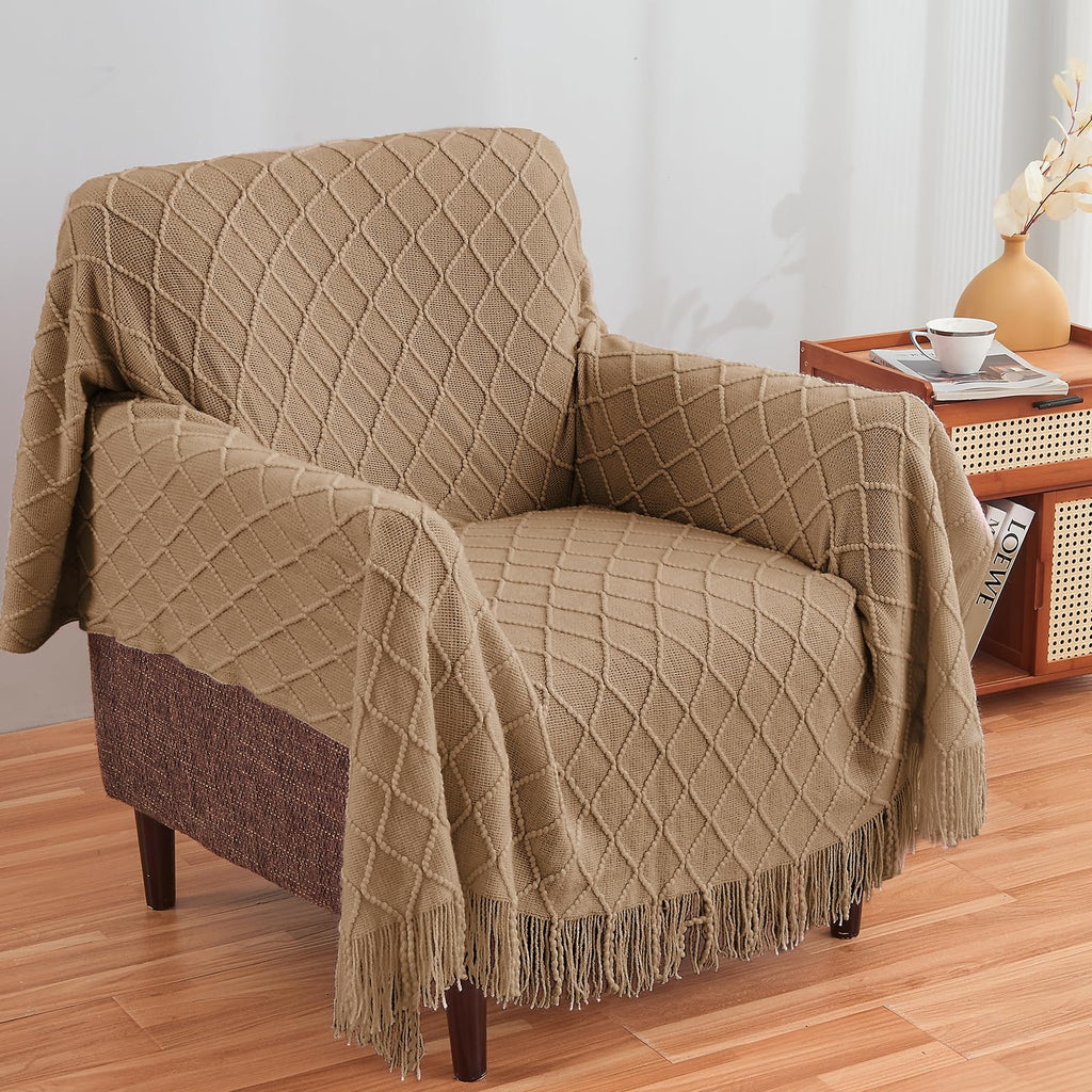 Inhand Knitted Throw Blankets For Couch And Bed, Soft Cozy Knit Blanket With Tassel, Khaki Lightweight Decorative Blankets And T