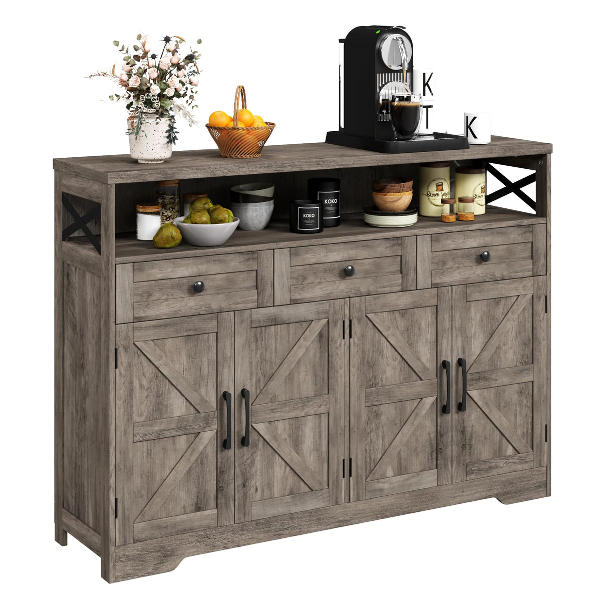 Befrases Farmhouse Buffet Cabinet With Drawers, Sideboard With Storage, Kitchen Pantry Cabinet Hutch, Wood Coffee Bar Station Ca