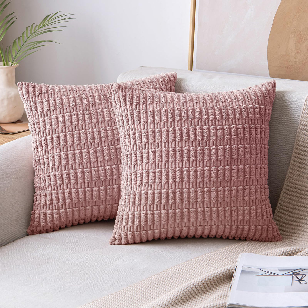 Miulee Pack Of 2 Blush Pink Throw Pillow Covers 20X20 Inch Corduroy Decorative Couch Pillow Covers Soft Boho Striped Pillow Cove