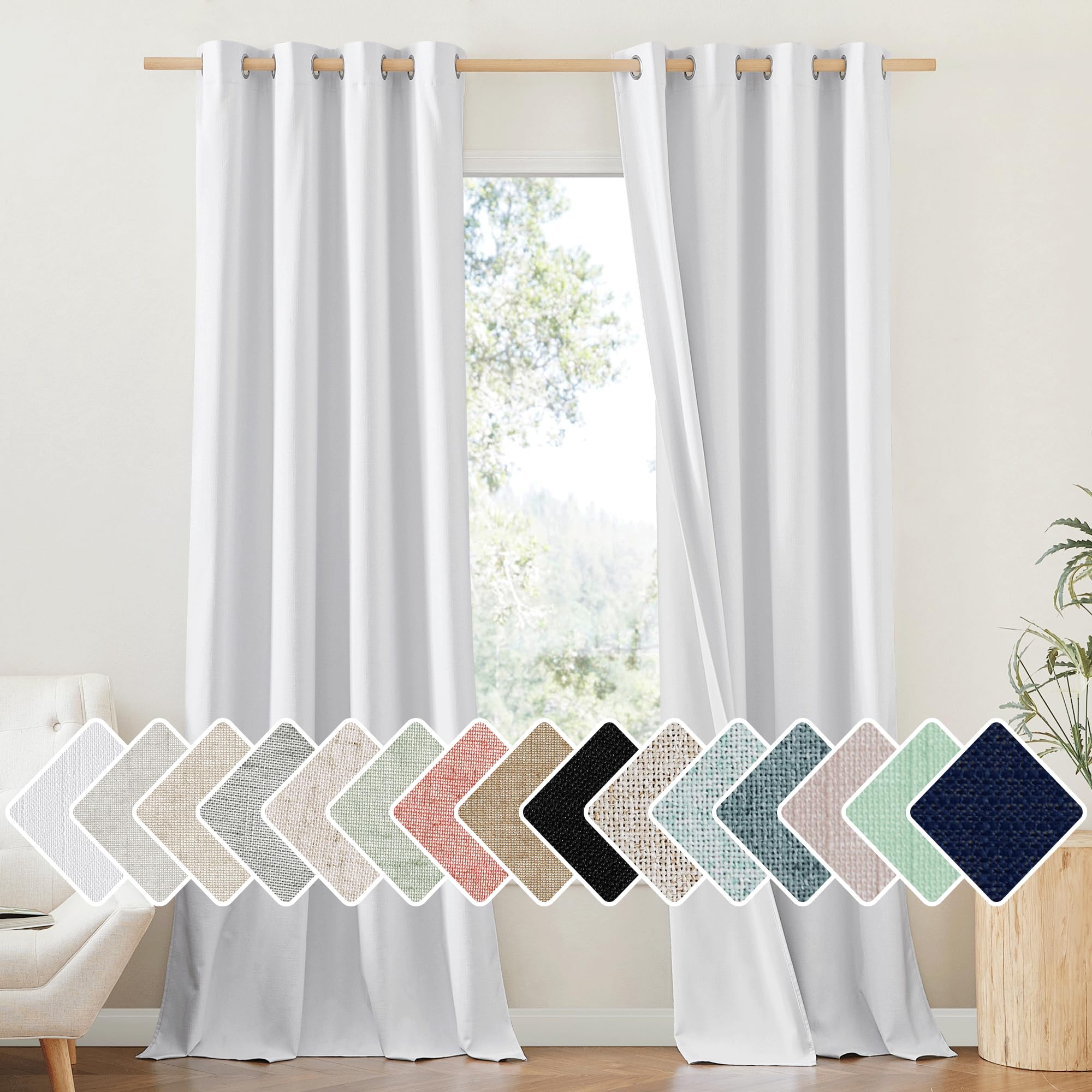 NICETOWN 100% Absolutely Blackout Linen Curtains with Thermal Insulated White Liner, White, 52 inches Wide, 90 inches Length Ene