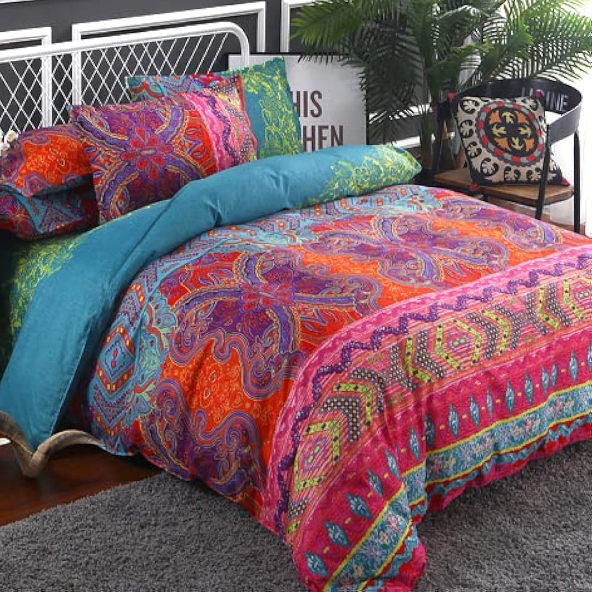 Wongs Bedding Bohemain Comforter Set King, Microfiber Reversible Boho Alternative Comforter Set - 3 Pieces (1 Solid Comforter Se