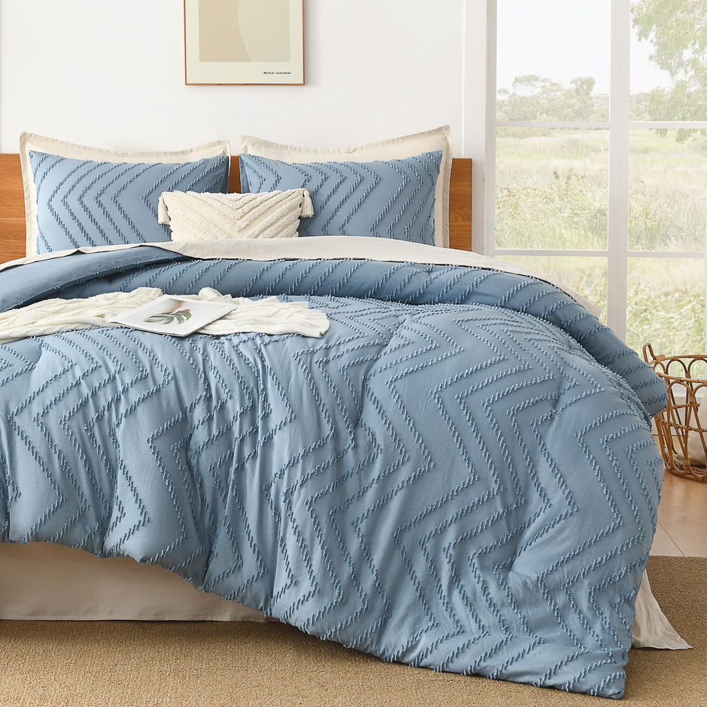 Litanika Grayish Blue California King Comforter Set, 3 Pieces Cal King Oversized Chevron Tufted Bedding Comforter Sets, Fluffy B