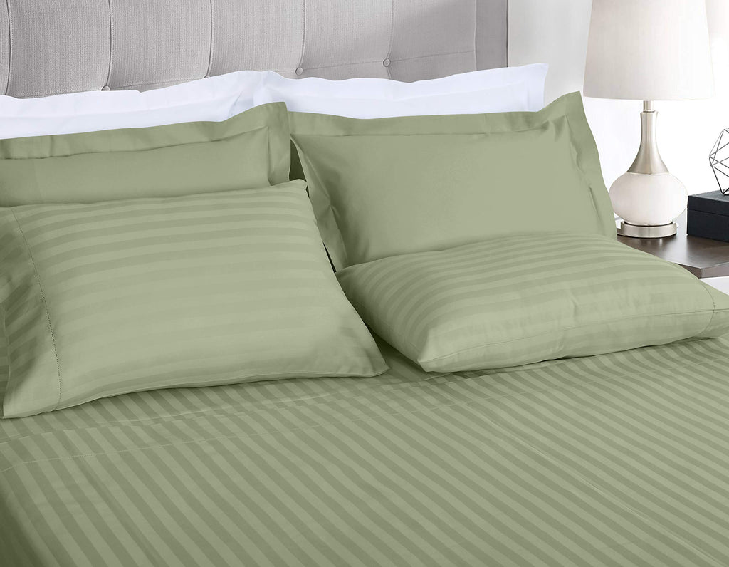 Threadmill 500 Thread Count Full-Size Damask Stripe, 4 Pc Luxury Cotton Bedding Set, Breathable Sage Green Sheets With 16'' Elas