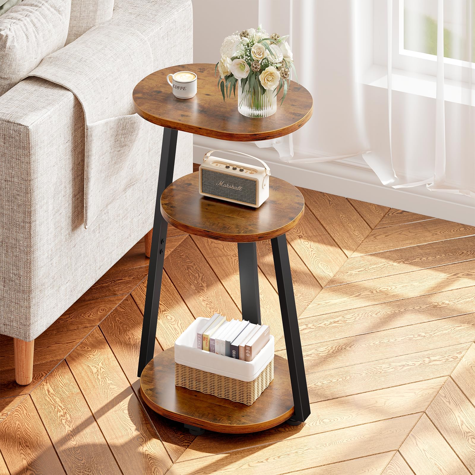 Kalrin Side Table, Small End Table with Metal Frame, 3-Tier Bedside Table, Round Side Table for Living Room Bedroom Couch Bathro