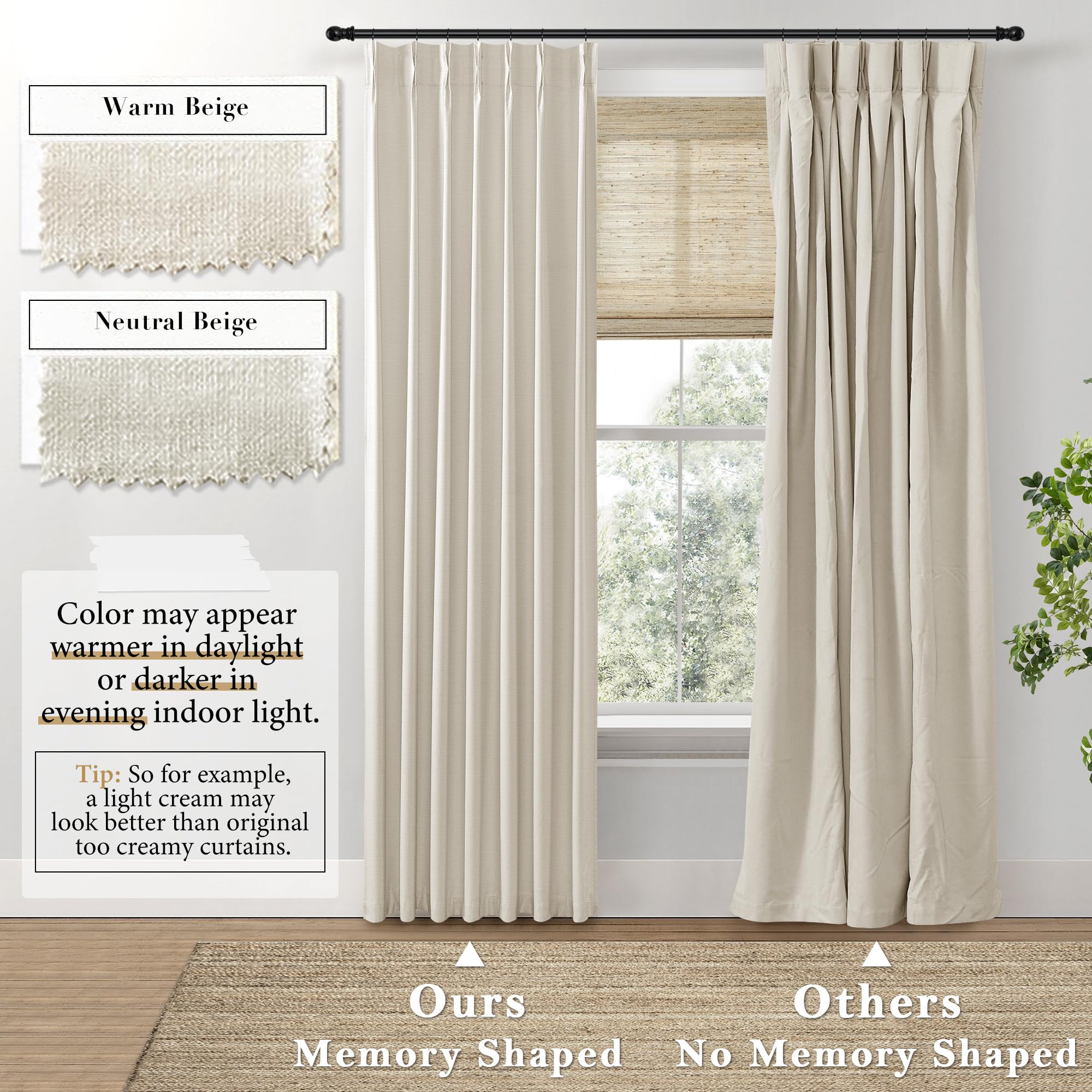 Shineland Beige Blackout Curtains 96 Inches Long For Farmhouse Living Room,Light Blocking Linen Pinch Pleated Shabby Chic Curtains For Bedroom Farm House 2 Panels Set