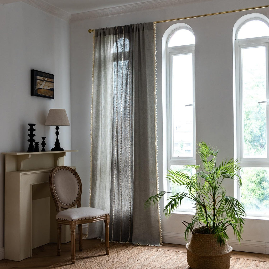 Sutuo Home Boho Curtains 108 Inch For Bedroom Living Room, Semi Blackout Linen Farmhouse Shabby Chic Tassels Window Treatment Bohemian Embroidery Drape, Rod Pocket 1 Panel 52' W X 108' L, Gray Linen