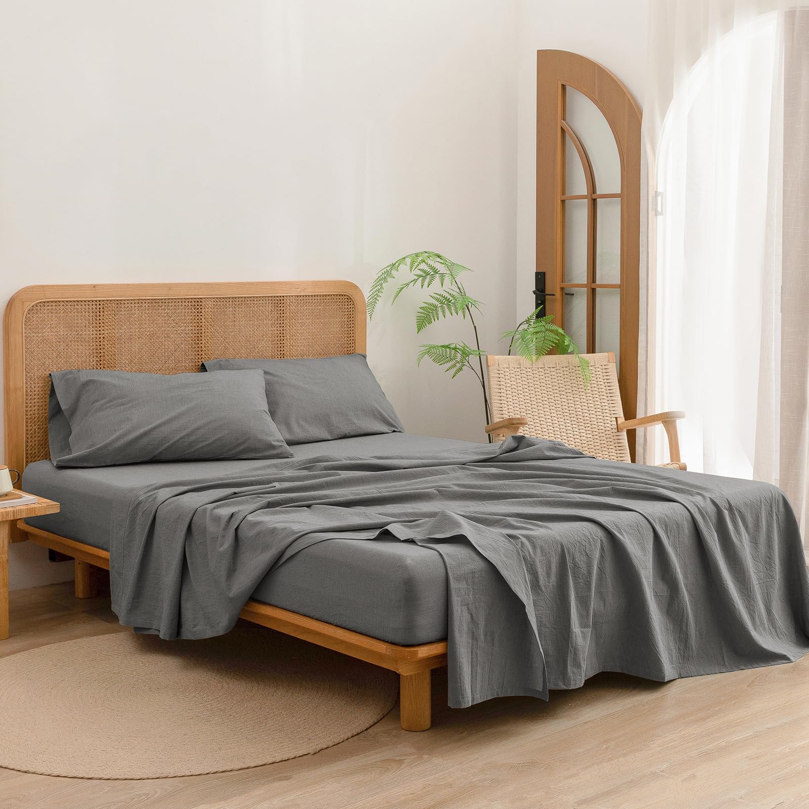 Bestouch Sheet Set 100% Washed Cotton Linen Feel Super Soft Comfortable Chic Lightweight 4 Pcs Home Bedding Set Solid Dark Grey