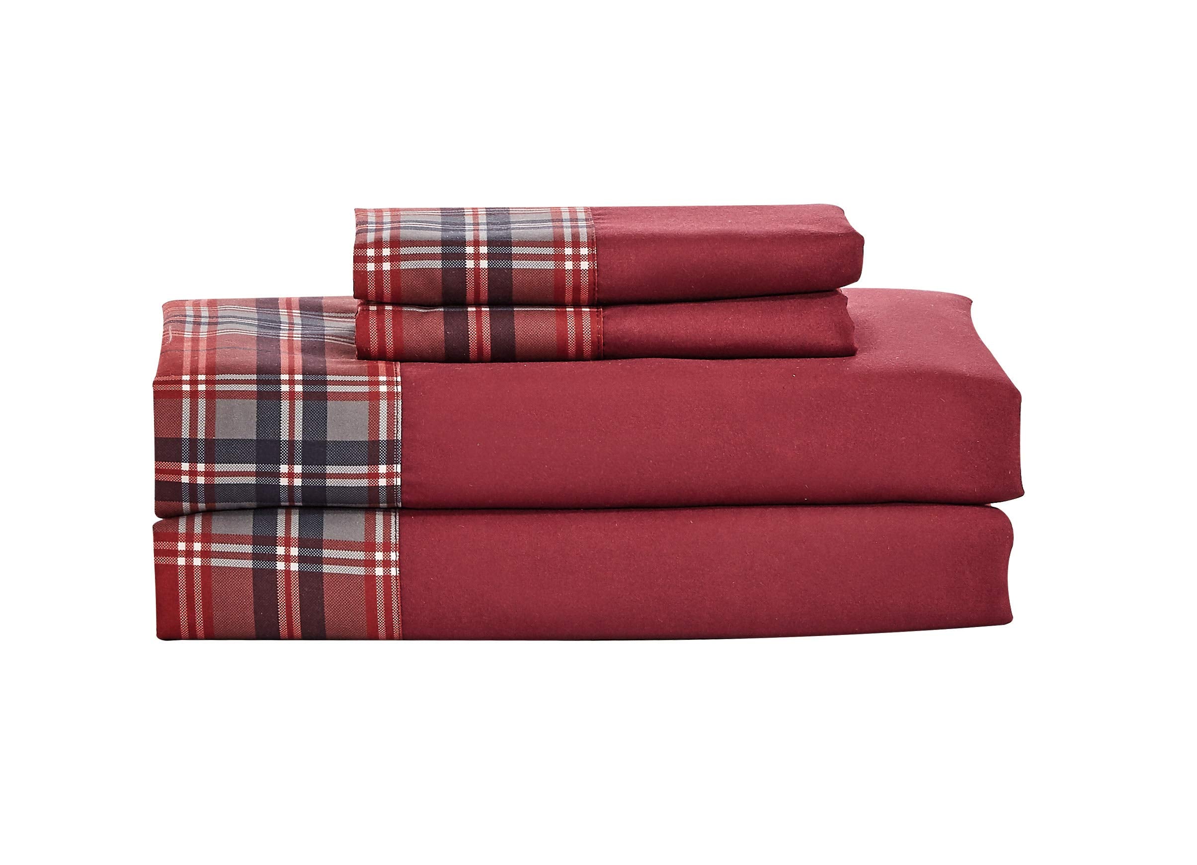 Sheets & Beyond Cabin Printed Super Soft Cotton Touch Microfiber 4 Piece Bedroom Sheet Set (Queen Size, Plaid)