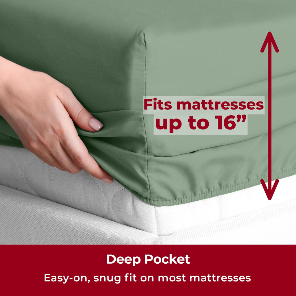Mellanni Split King Sheet Set - 7-Piece Iconic Collection Bedding, (Including 4 Pillowcases), 16-Inch Deep Pocket, Easy Care, Extra Soft, Cooling Sheets, Brushed Microfiber - Sage