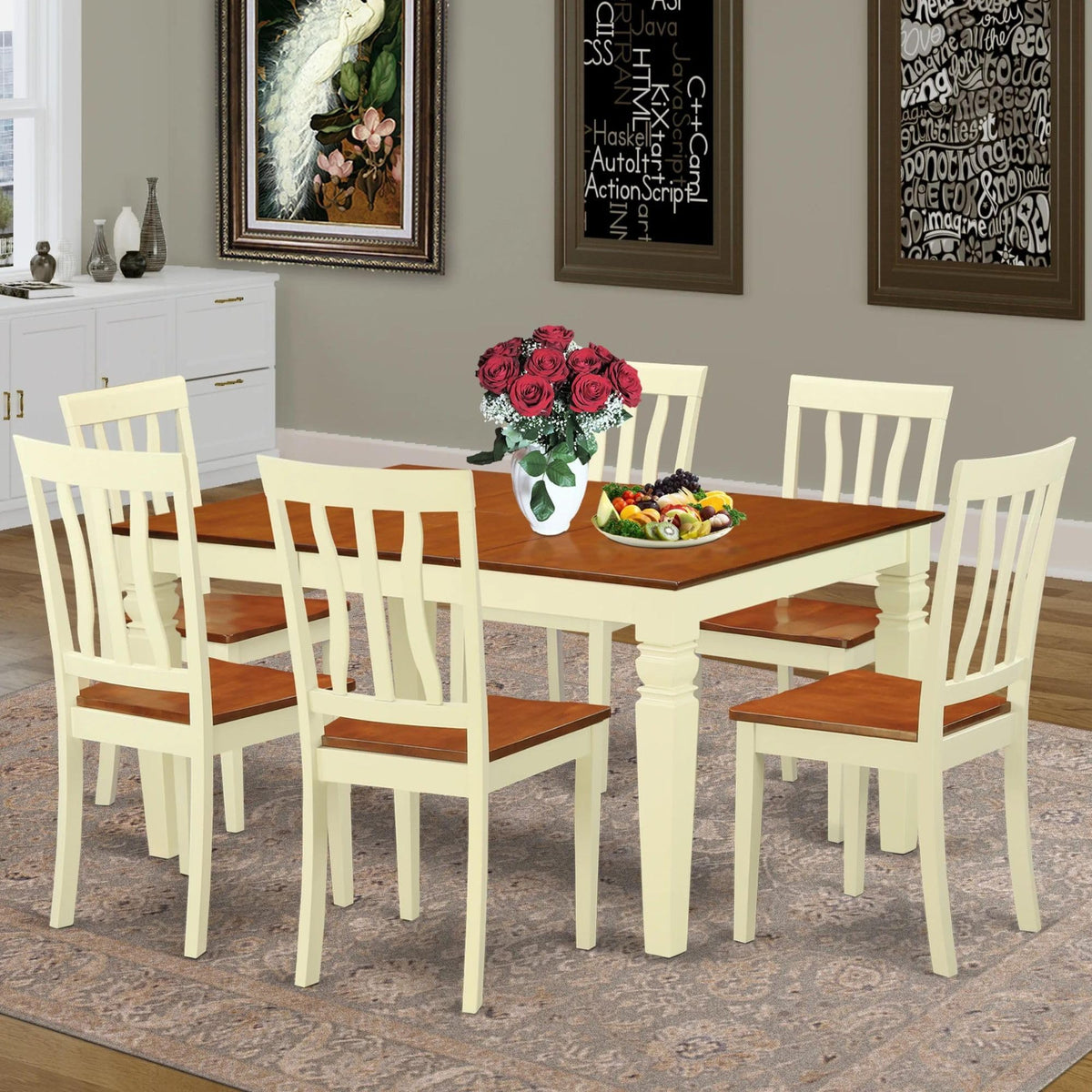 East West Furniture WEAN7-BMK-W 7 Piece Dining Table Set Consist of a Rectangle Dining Room Table with Butterfly Leaf and 6 Wood Seat Chairs, 42x60 Inch, Buttermilk & Cherry