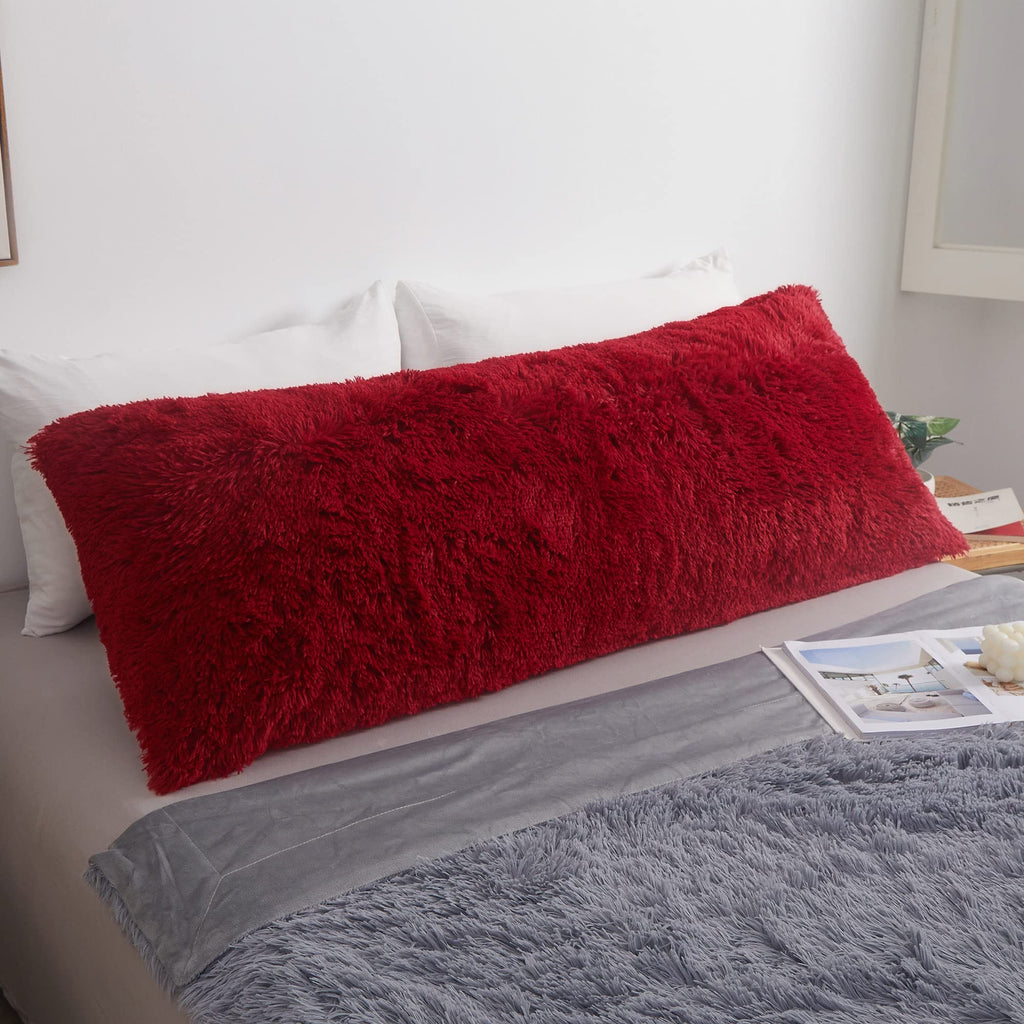MEGO Luxury Fluffy Body Pillow Cover, 20x54 Shaggy Faux Fur Body Pillow Case, Red Soft Plush Fuzzy Body Pillowcase, Decorative F