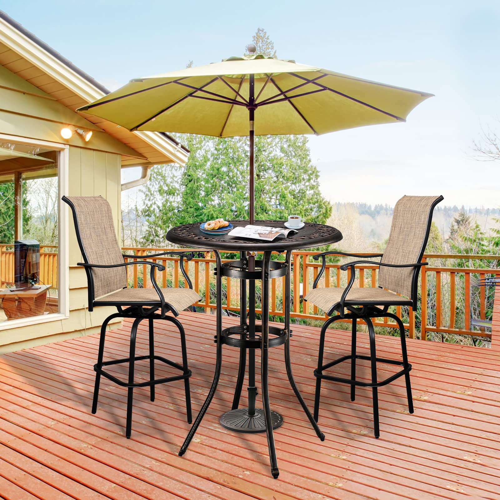 Vingli Outdoor Bar Table, Cast Aluminum Bar Height Patio Table With Umbrella Hole Patio Dining Table, Tall Outdoor Table Bistro Table Outdoor Furniture Garden Table 32' Dia X 41 H (Bronze)…