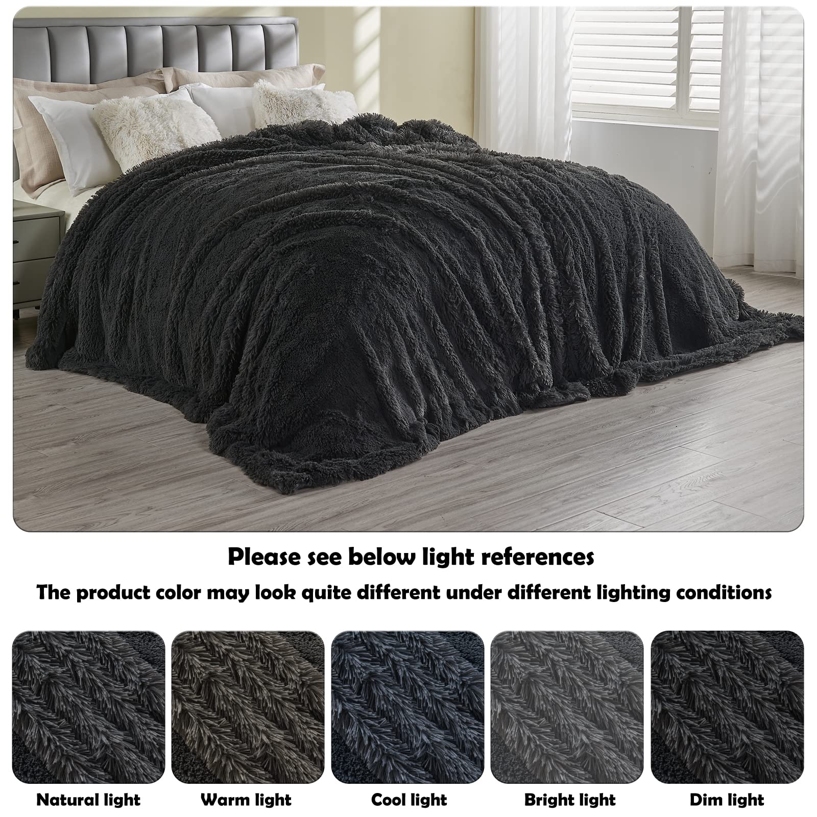 Gonaap Fuzzy Faux Fur Throw Blanket Queen Size Dark Grey Super Soft Cozy Plush Fuzzy Shaggy Blanket For Couch Sofa Bed (Dark Gre