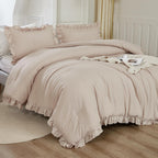 Litanika King Comforter Set Khaki, 3 Pieces Ruffle Farmhouse Aesthetic Bedding Comforter Set, Lightweight Fluffy Microfiber Bed 