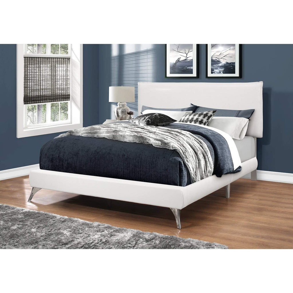Monarch Specialties I Queen Size Leather-Look with Brown Wood Legs BED, WHITE