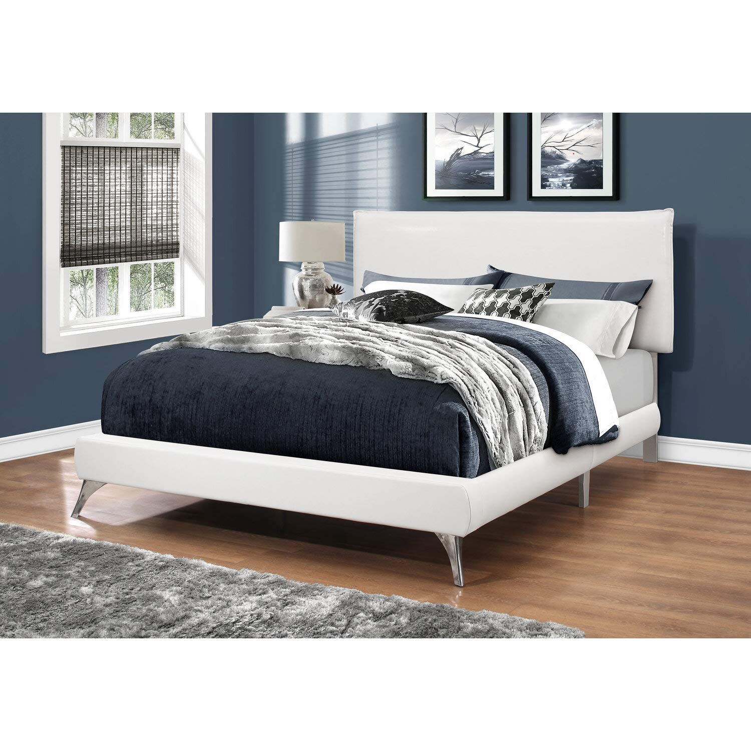 Monarch Specialties I Queen Size Leather-Look with Brown Wood Legs BED, WHITE