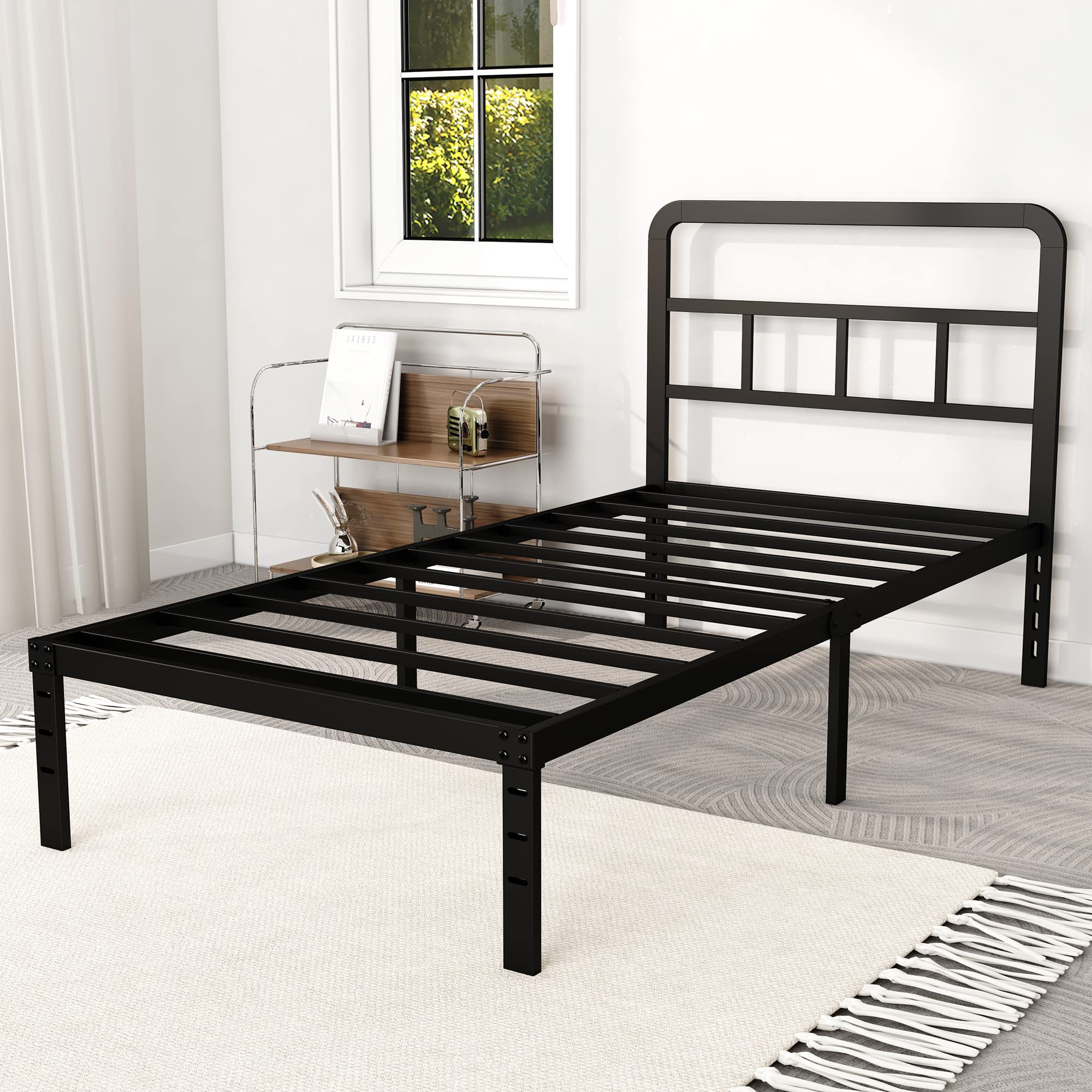 DiaOutro 14 Inch Twin XL Bed Frame with Headboard No Box Spring Needed Metal Platform Heavy Duty Steel Slat Mattress Foundation/