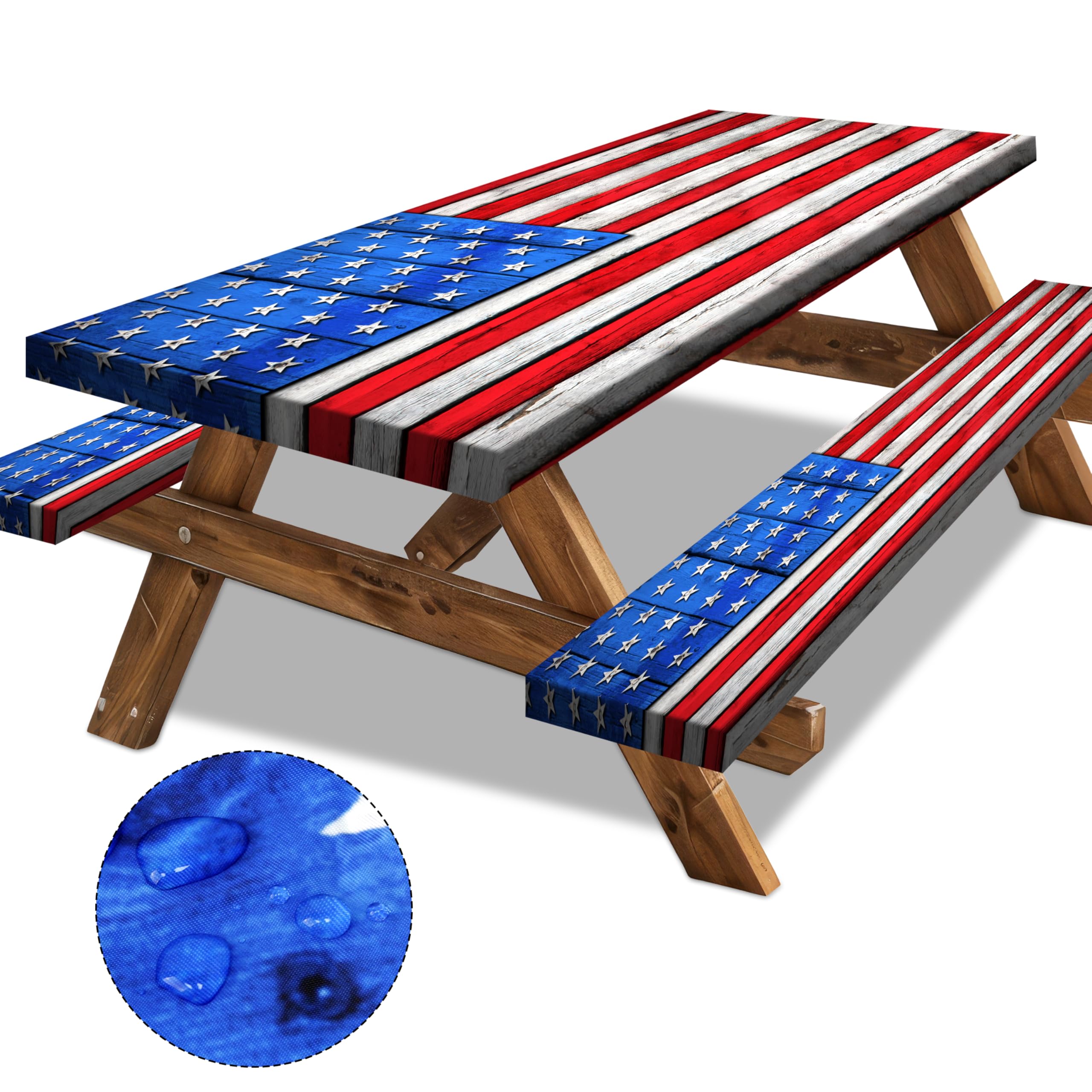 American Flag Picnic Table Cover With Bench Covers Set Wood Texture Waterproof Windproof Camping Rectangle Tablecloths Fitted Pi