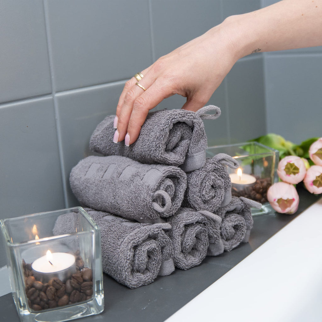 Made Easy Kit Bath Mitts - Pack Of 6 - (6'' X 9'') European Style Washcloth With Loop (Charcoal, 6 X 9 Inches)