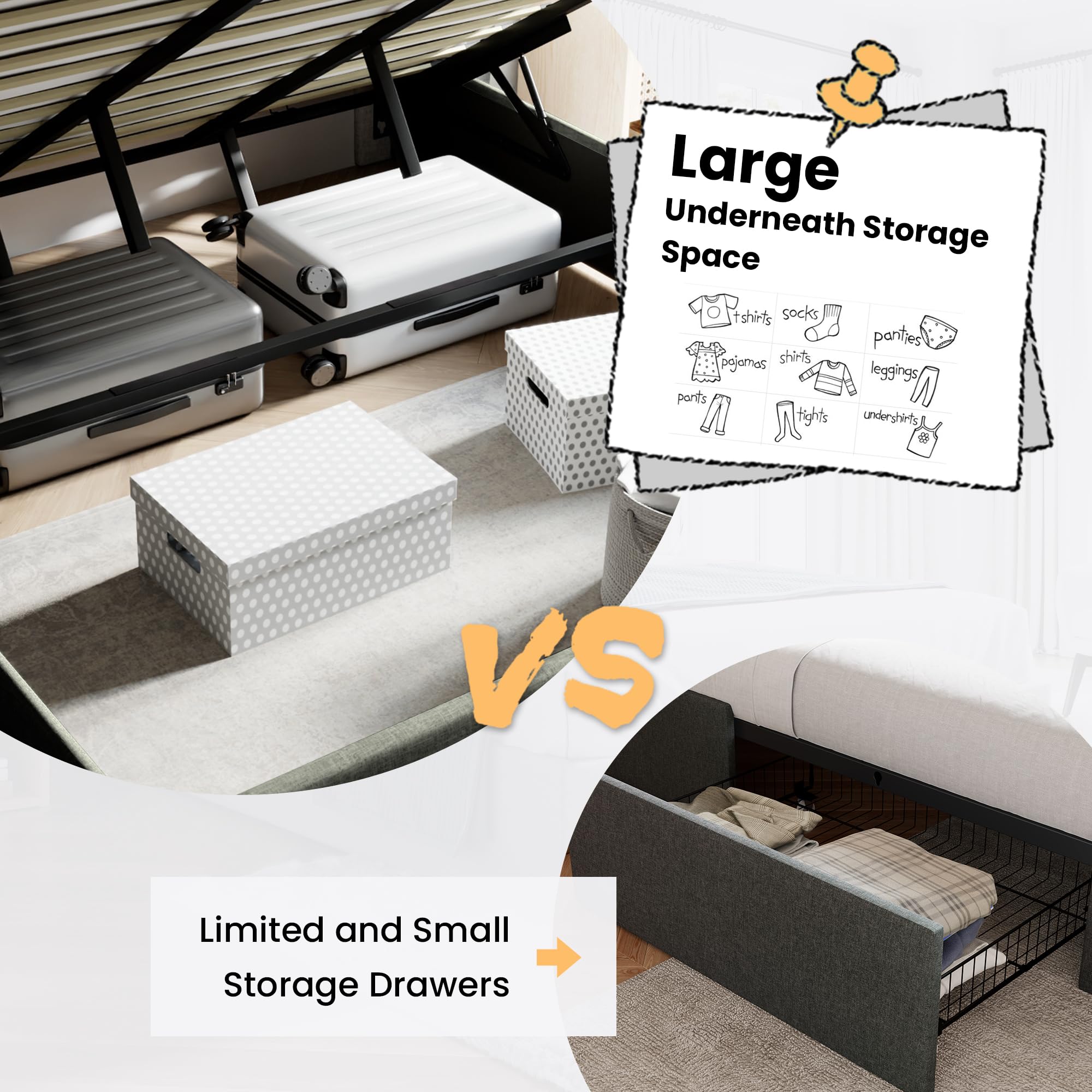 Sha Cerlin Queen Size Lift Up Storage Bed/Button Tufted Wingback Headboard/Hydraulic Storage/Upholstered Platform Bed Frame/No Box Spring Needed/Wood Slats Support/Dark Grey