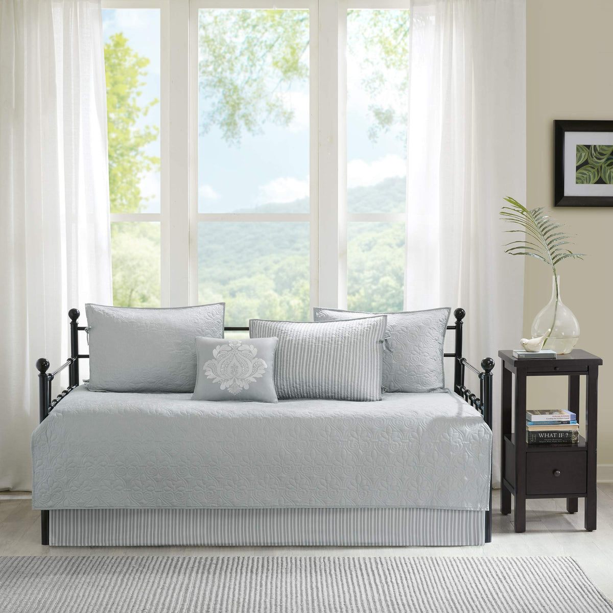 Madison Park Cotton Daybed Cover Set-Double Sided Quilting Classic Cottage Design All Season Bedding With Bedskirt, Matching Shams, Decorative Pillow, 75'X39', Quebec Grey 6 Piece