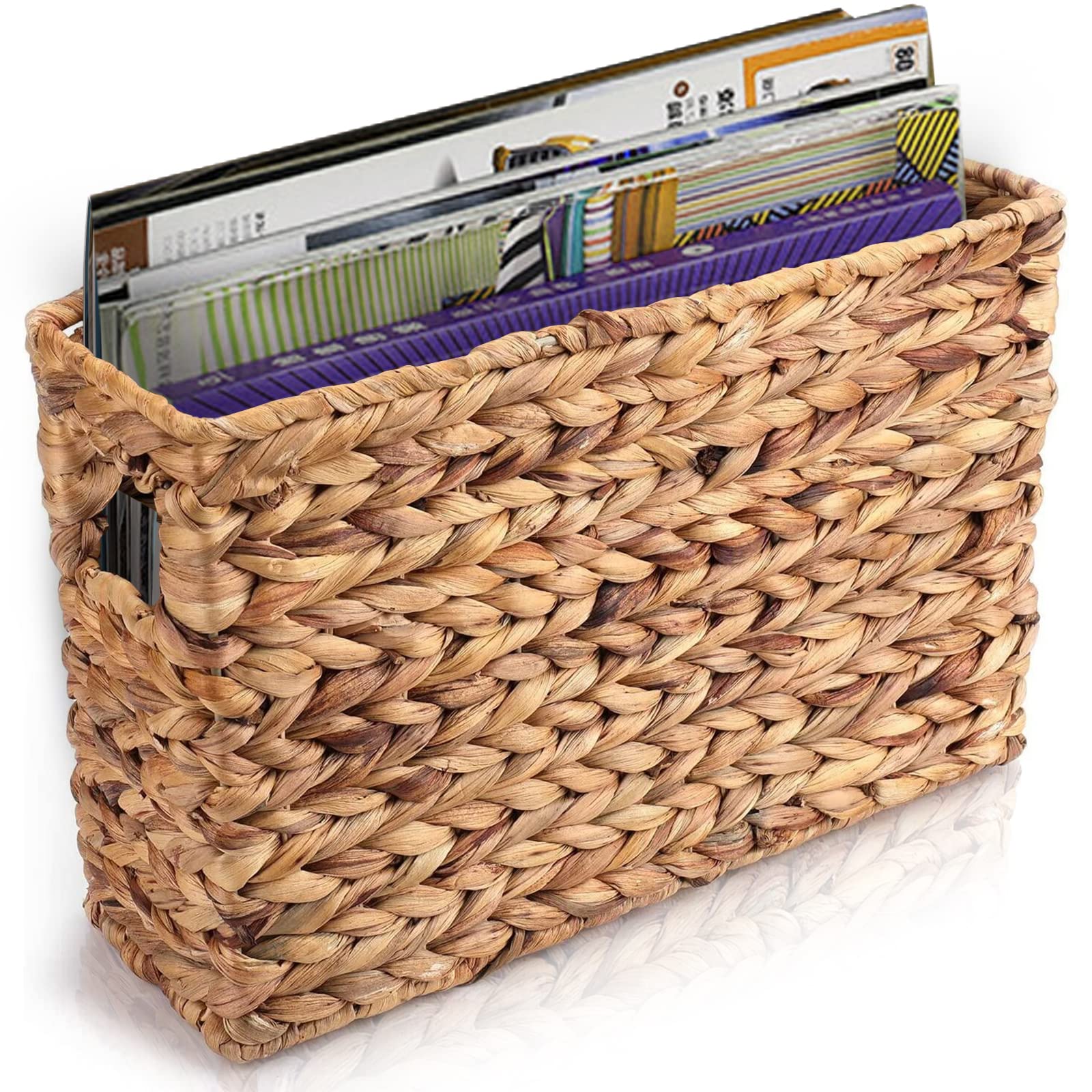 Yesland Hand-Woven Magazine Basket, Natural Narrow Water Hyacinth Holder Magazine Wicker Basket,15.5 x 5.5 x 9.75 Inch Decorativ
