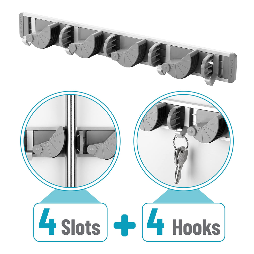 Mr. Pen Mop and Broom Holder Wall Mount - 4 Positions, 4 Hooks, Aluminum Organizer