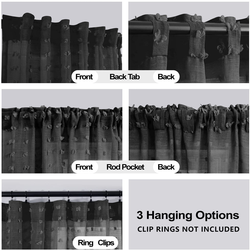 Koufall Black Curtains 45 Inch Length For Kitchen Window,Rod Pocket Pom Pom Textured Boho Lace Sheer Curtains For Bathroom Window