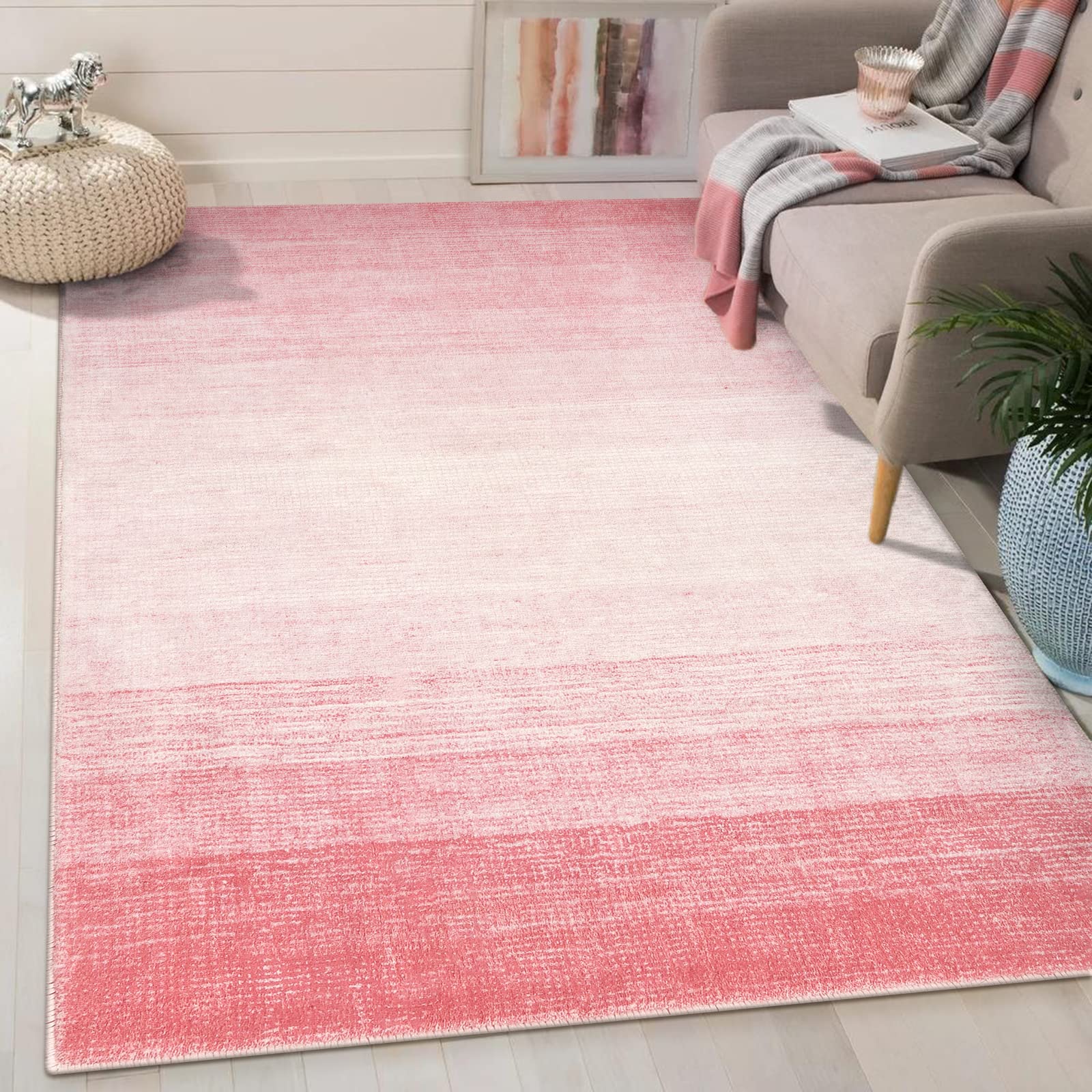 Wonnitar Washable 3x5 Area Rug, Pink Rugs for Girls Bedroom, Contemporary Ombre Nursery Soft Mat for Baby Girl, Modern Non-Skid 