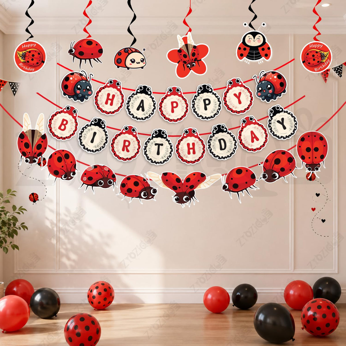 Zyozique Ladybug Theme Birthday Party Decorations Items Paper Banner with Hanging Swirls & Character Paper Banner, Red & Black P
