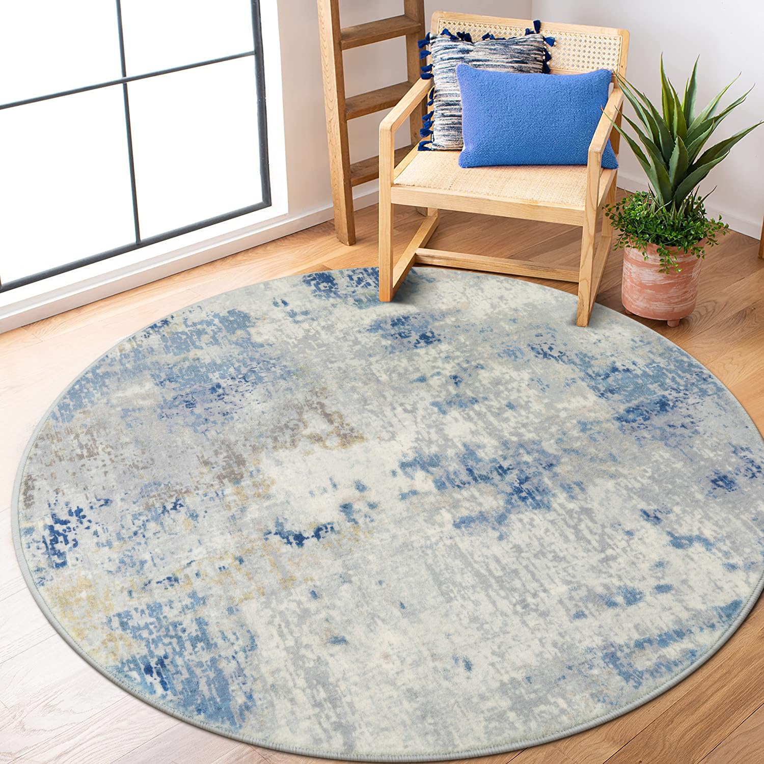 Lahome Modern Abstract Round Rug - 5Ft Blue Kitchen Rugs Soft Bedroom Circle Rugs Washable Living Room Mat, Contemporary Large I