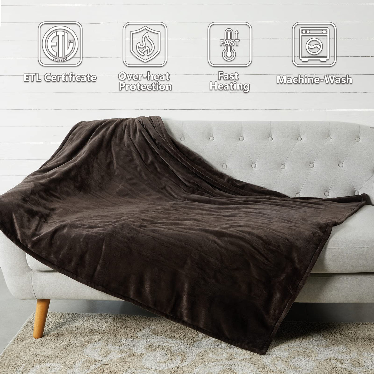 Tefici Electric Heated Blanket Throw, Super Cozy Soft 2-Layer Flannel 50'' X 60'' Heated Throw With 3 Heating Levels & 4 Hours A