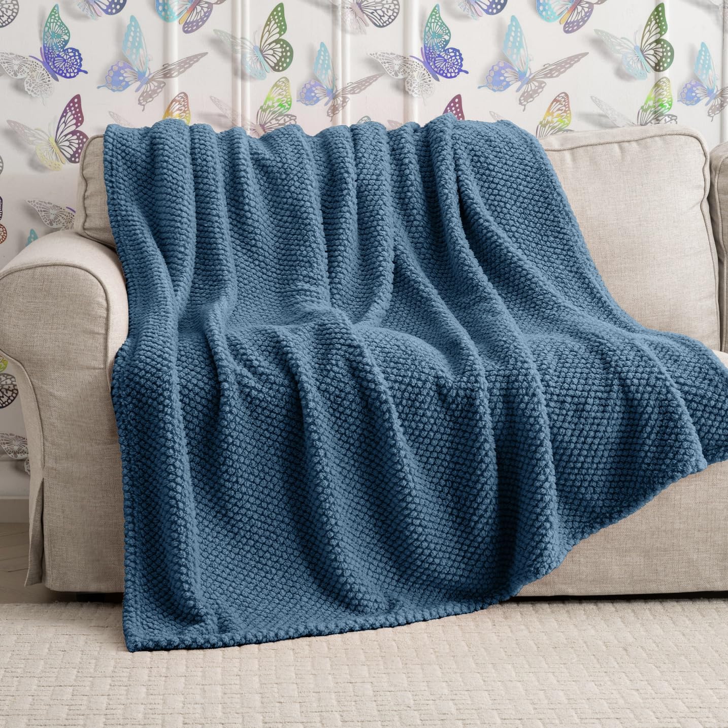 Blue Soft Fleece 300Gsm Xl Throw Blanket For Couch Cozy Flannel Room Decorative Blankets, Lightweight Plush Blanket For Bed Sofa