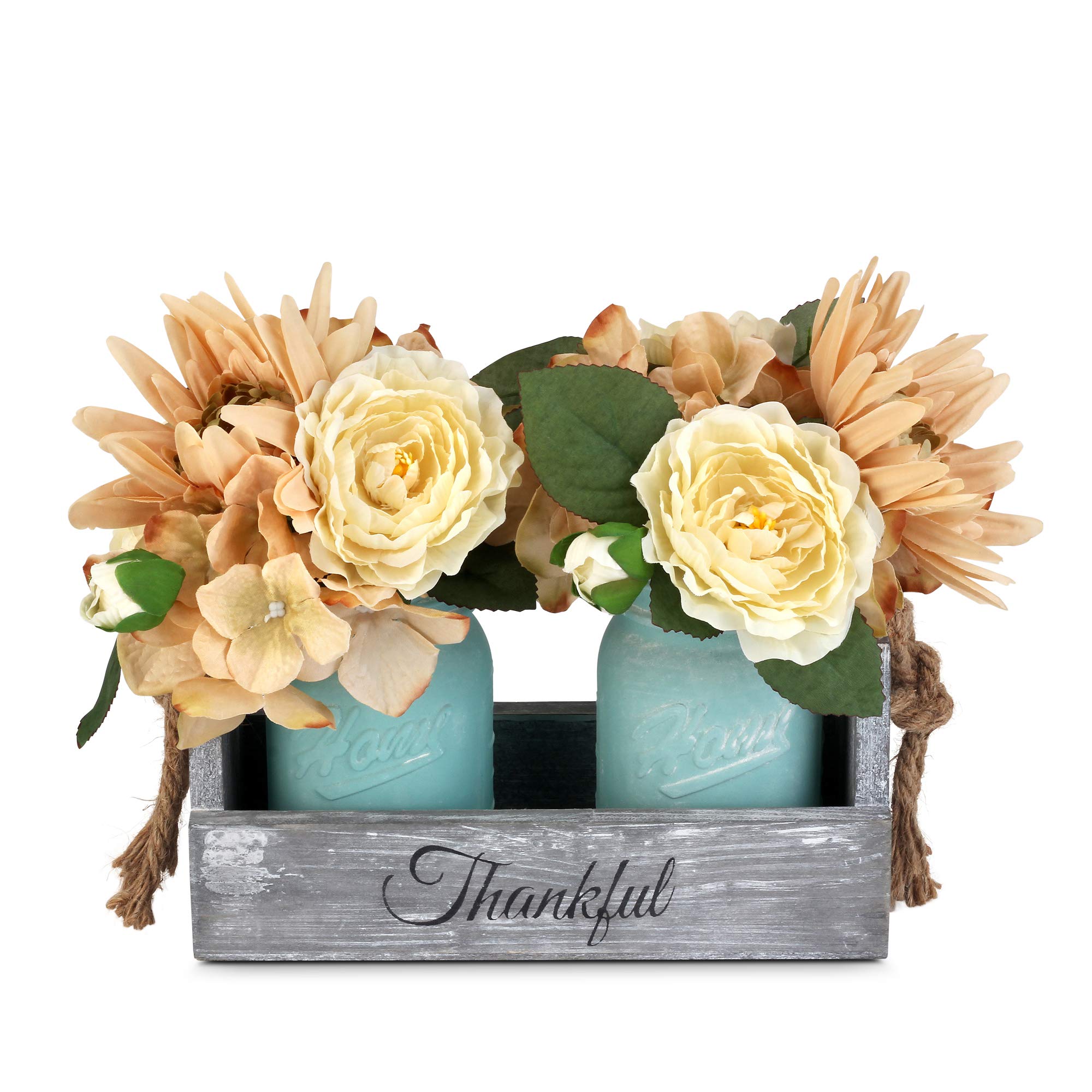 Besuerte Rustic Table Centerpiece Decor-Decorative Thankful Wood Tray with 2 Painted Mason Jars, Rose Bouquet Flowers for Home,D