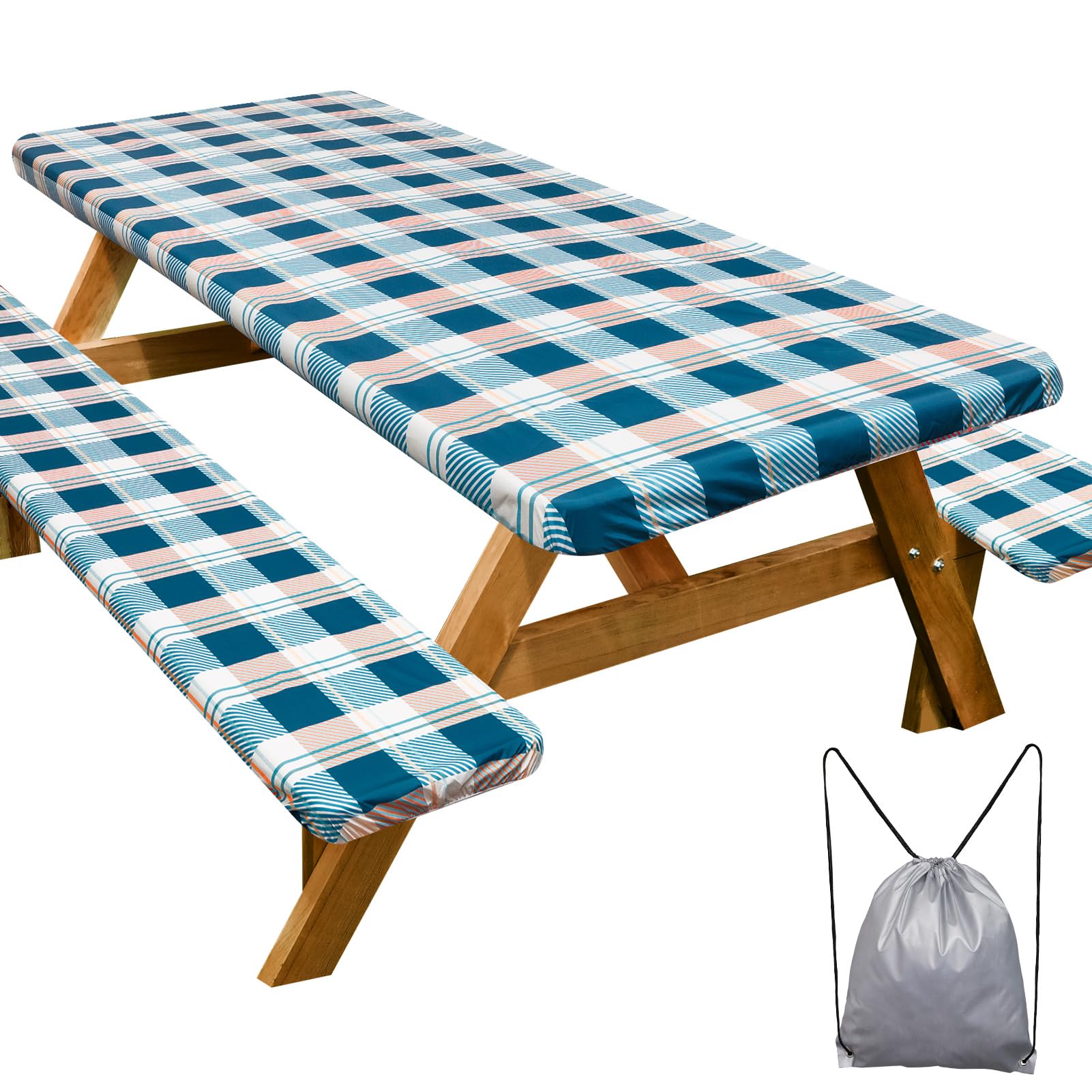 Picnic Table Cover With Bench Covers Camping Essentials Waterproof Windproof Camping Tablecloth With Drawstring Bag, Fitted Rect