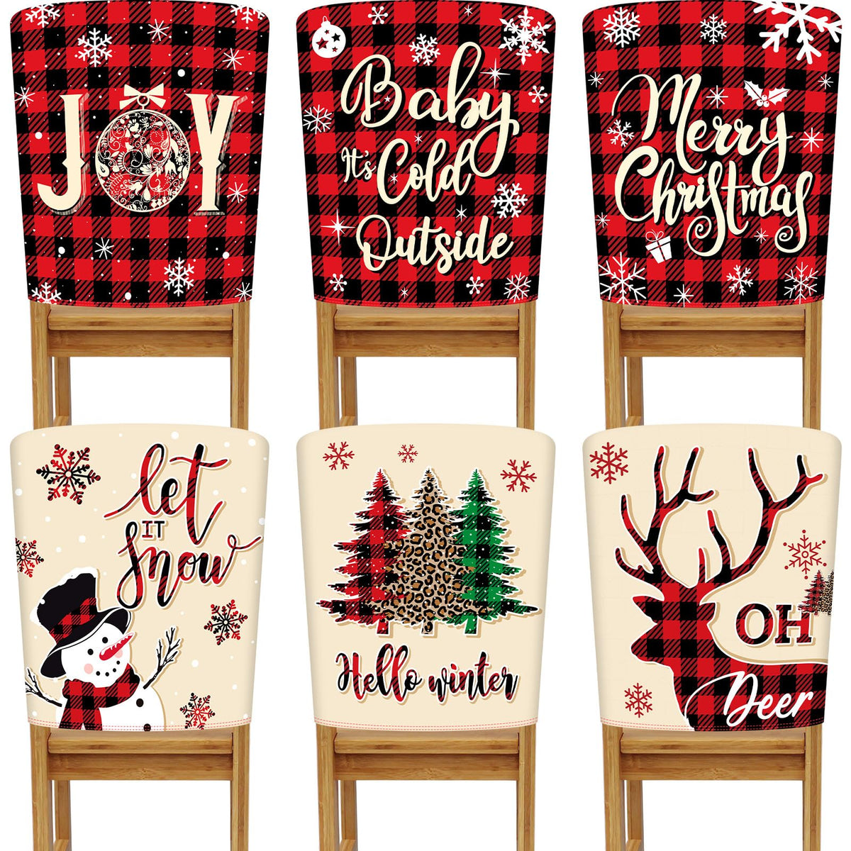 Buryeah 6 Pcs Christmas Elastic Chair Covers 6 Styles Christmas Chair Back Covers Buffalo Plaid Cream Color Dining Room Chair Co